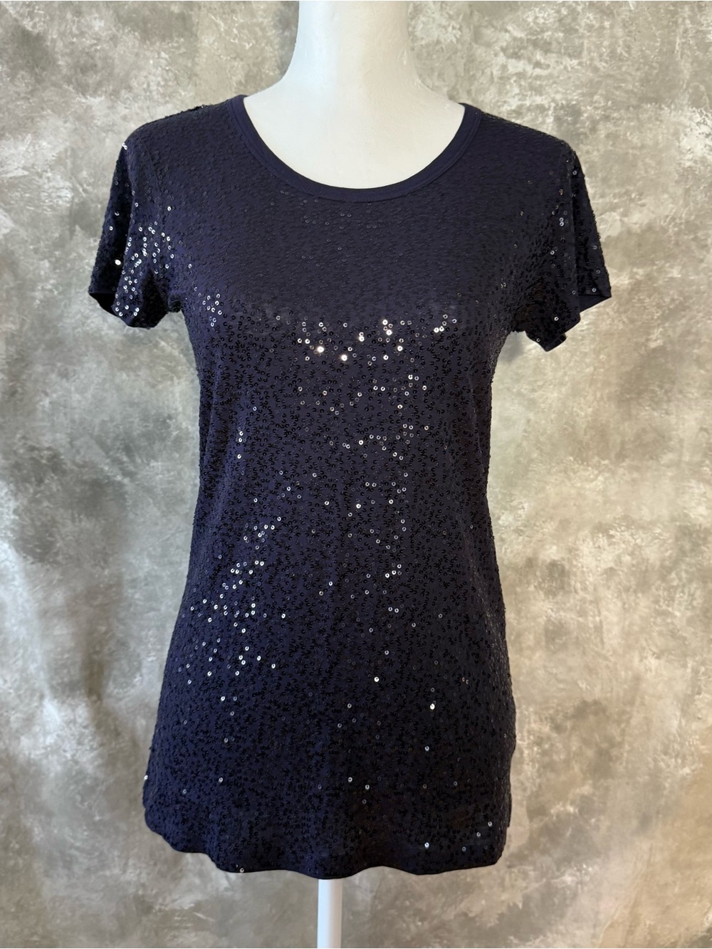 Women's Navy Sequin Short Sleeve Tee (love 17)